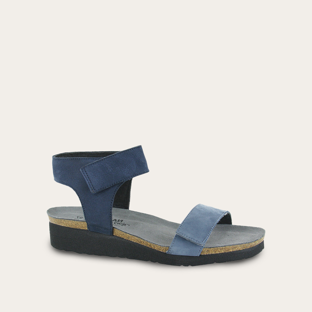 A blue comfort sandal with two adjustable straps and a black cork sole