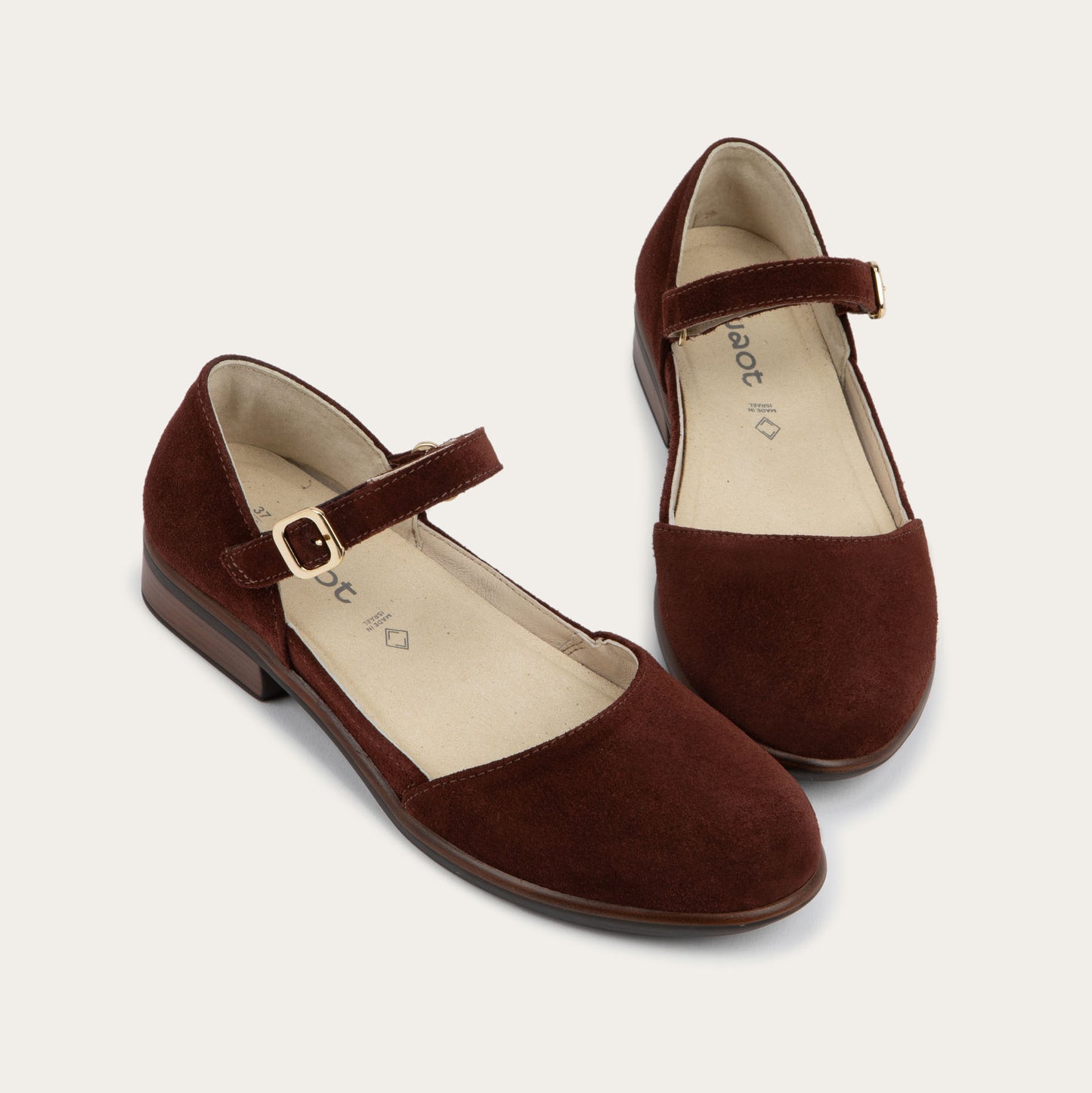 A pair of of a red maryjanes with a simple buckle strap on a black and brown sole