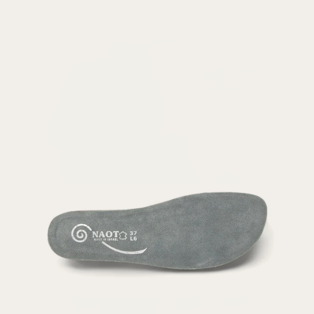 A gray insole with the brand name 'Naot' written in a stylized font.