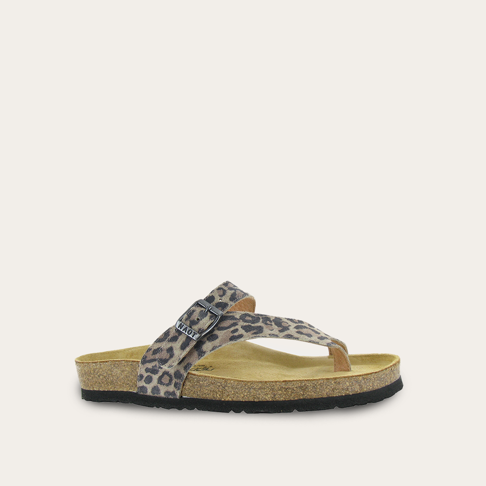 Leopard print thong sandal with buckle