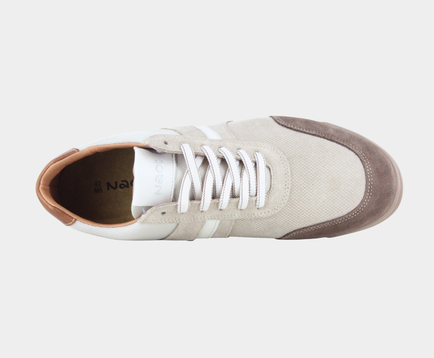 Pair of low-top sneakers featuring a beige canvas, light tan suede overlays, a white side stripes, dark brown suede heels, and white textured rubber soles.