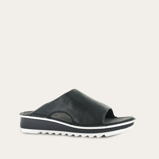 Black sandal with white sole on a light gray background