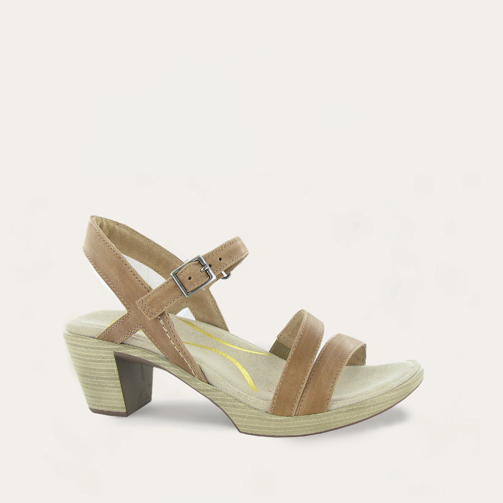 Tan sandal with a block heel on a light gray background