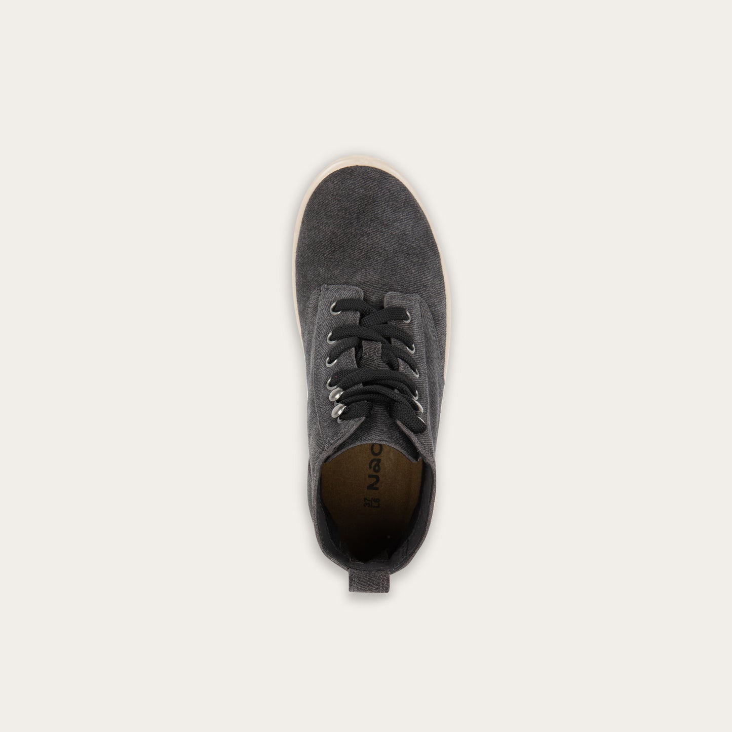 Top view of a black textured suede high-top boot with black laces and a light beige sole. 
