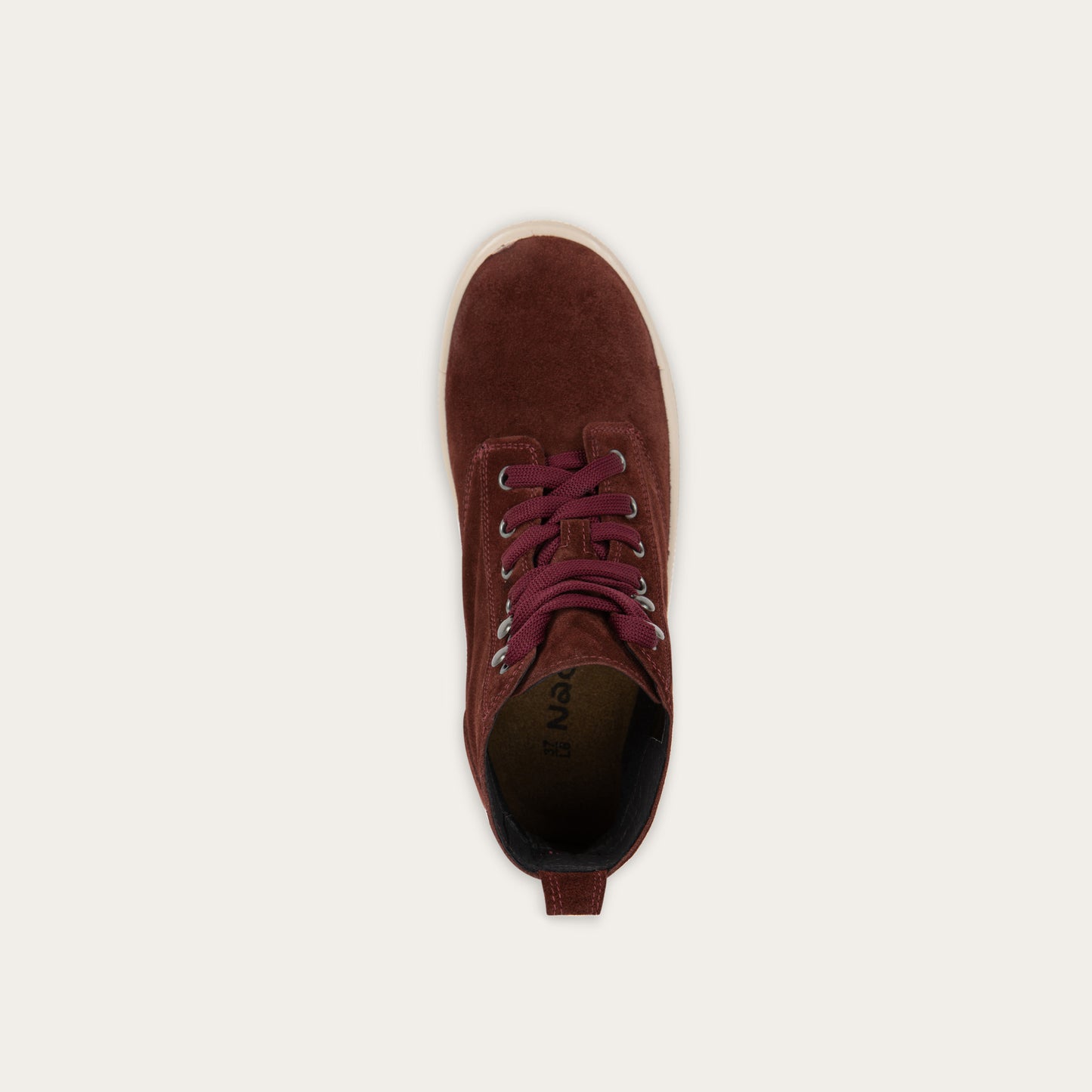 Top view of a violet textured suede high-top boot with violet laces and a light beige sole. 