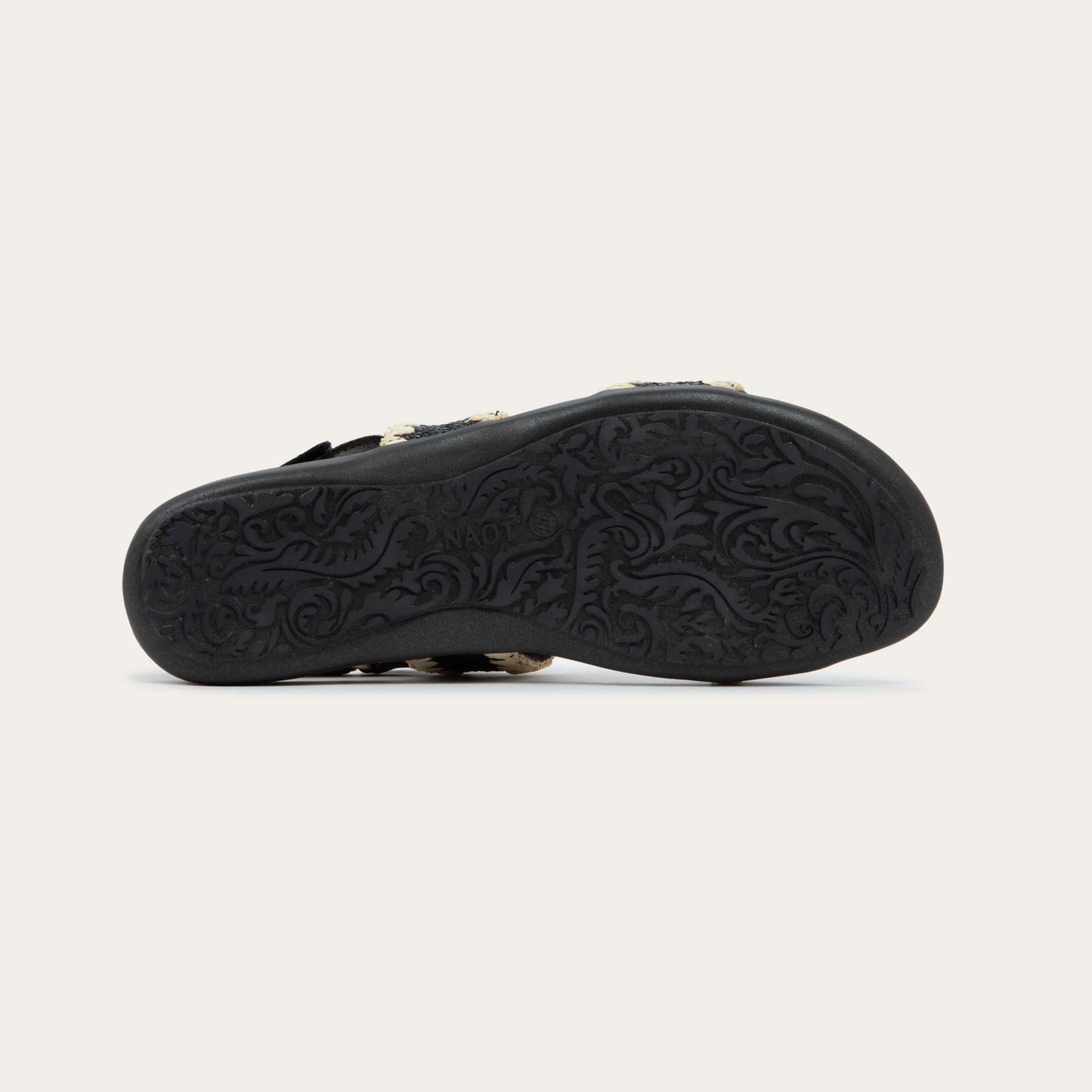 Bottom view of a black sandal featuring two textured toe straps and an adjustable ankle strap on a cork footbed.
