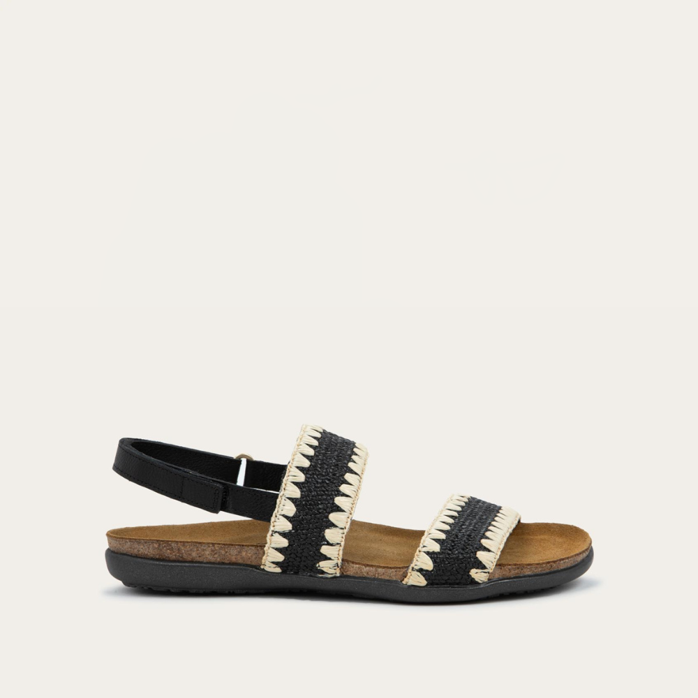Profile view of a black sandal featuring two textured toe straps and an adjustable ankle strap on a cork footbed.