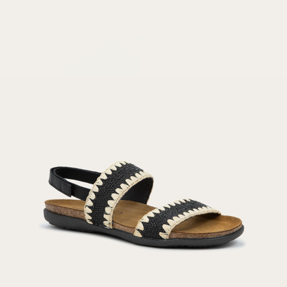 Angled profile view of a black sandal featuring two textured toe straps and an adjustable ankle strap on a cork footbed.