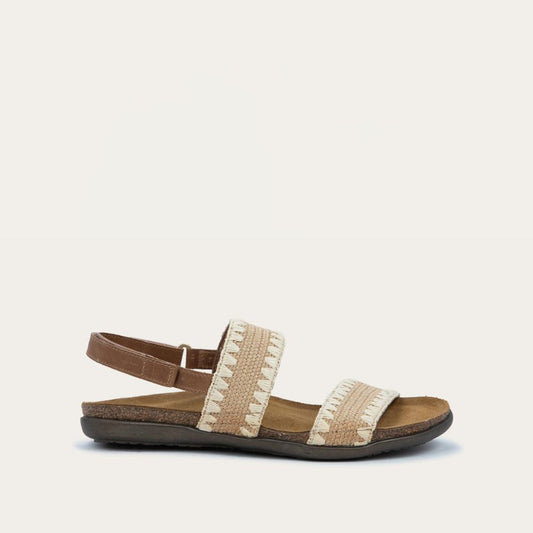 Profile view of a brown sandal featuring two textured toe straps and an adjustable ankle strap on a cork footbed.