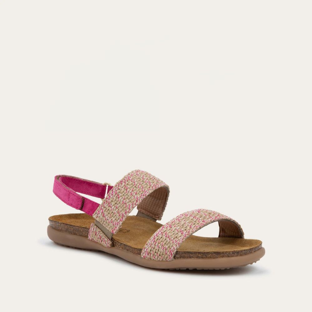 Profile view of a pink sandal featuring two textured toe straps and an adjustable ankle strap on a cork footbed.