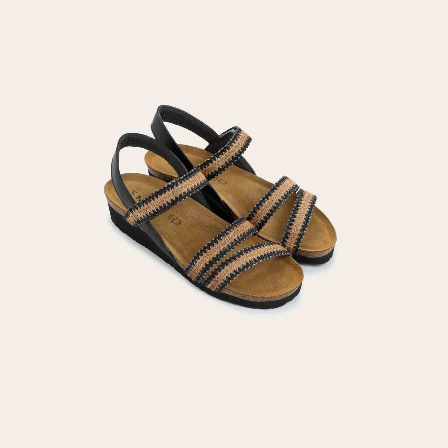 Pair of blue, multi-strap, sling-back sandals with a cork footbed.