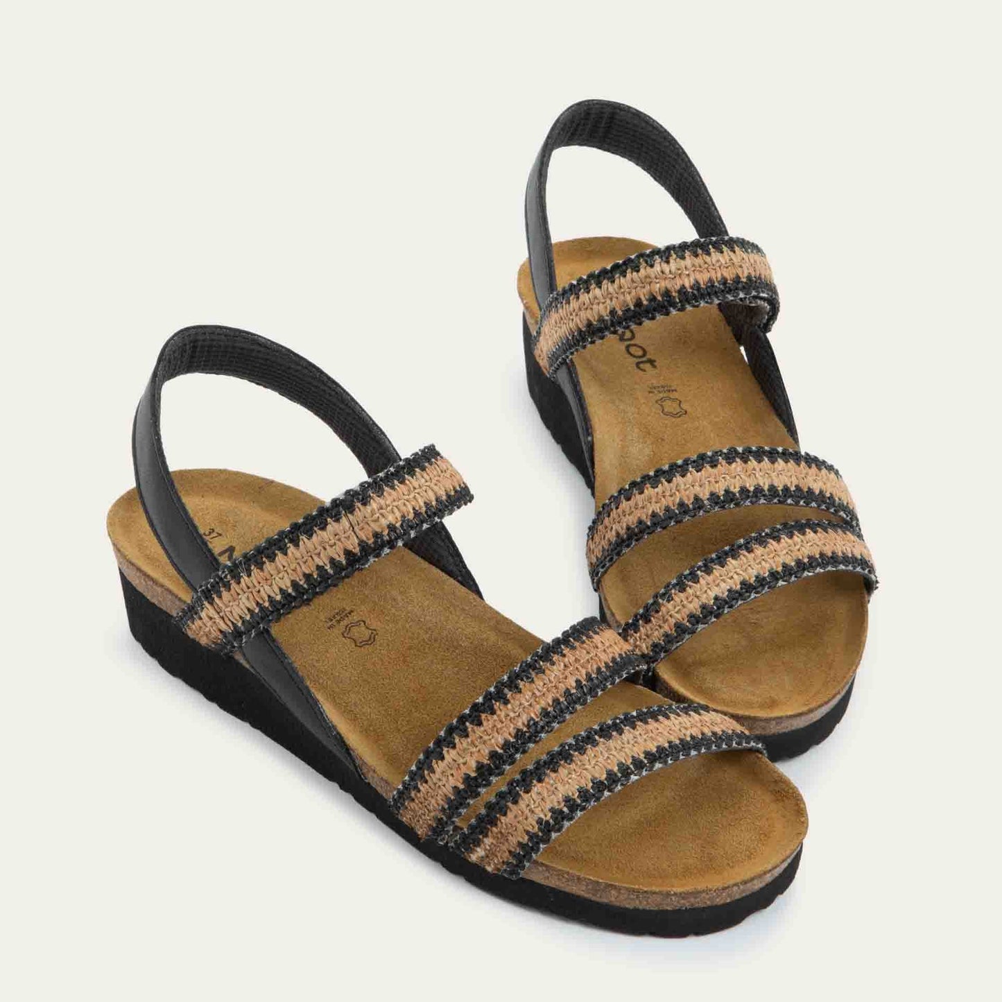 Pair of blue, multi-strap, sling-back sandals with a cork footbed.