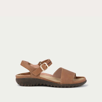 Profile view of a brown, open toe sandal, featuring a toe strap and asjustable ankle strap with a silver accent buckle.