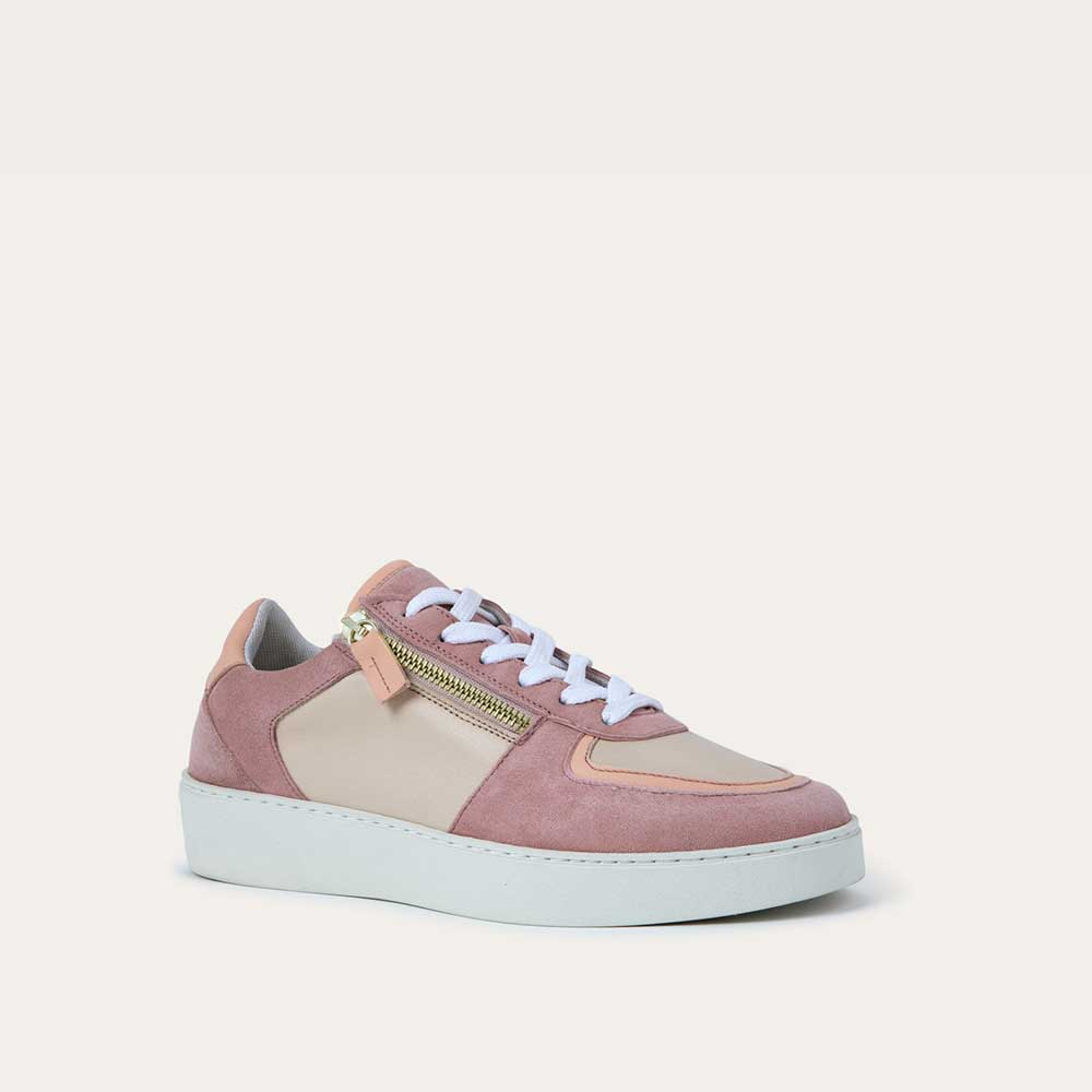 Angled profile view of a multicolored pink and white sneaker with laces and a side zipper.