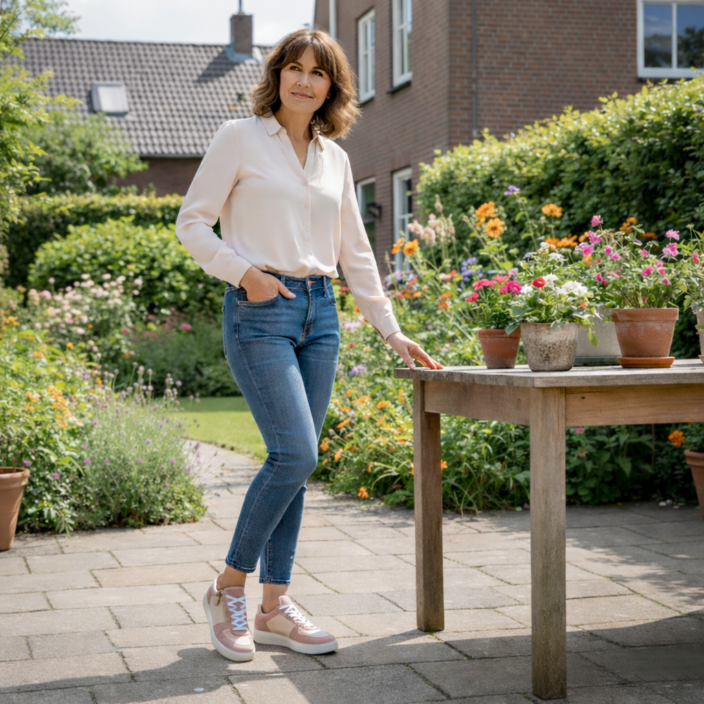 Pair of multicolored pink and white sneakers with laces and a side zipper.