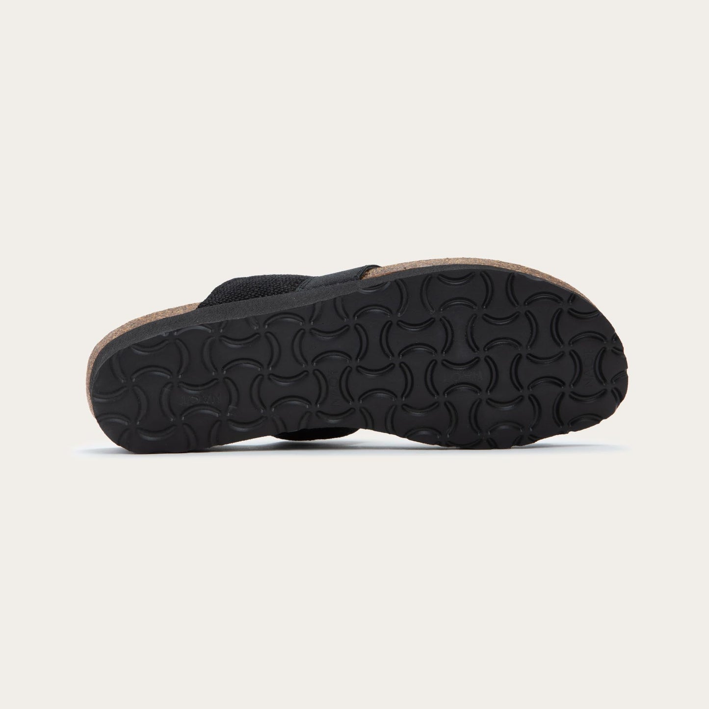 Bottom view of black, multi-strap slide with a toe loop and a cork footbed.