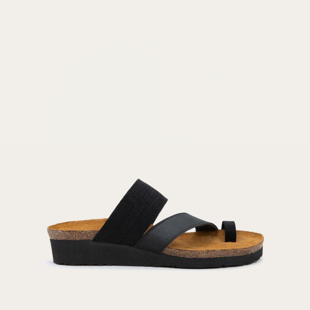 Profile view of black, multi-strap slide with a toe loop and a cork footbed.