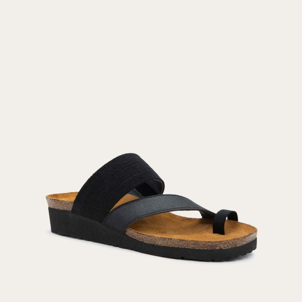 Angled profile view of black, multi-strap slide with a toe loop and a cork footbed.