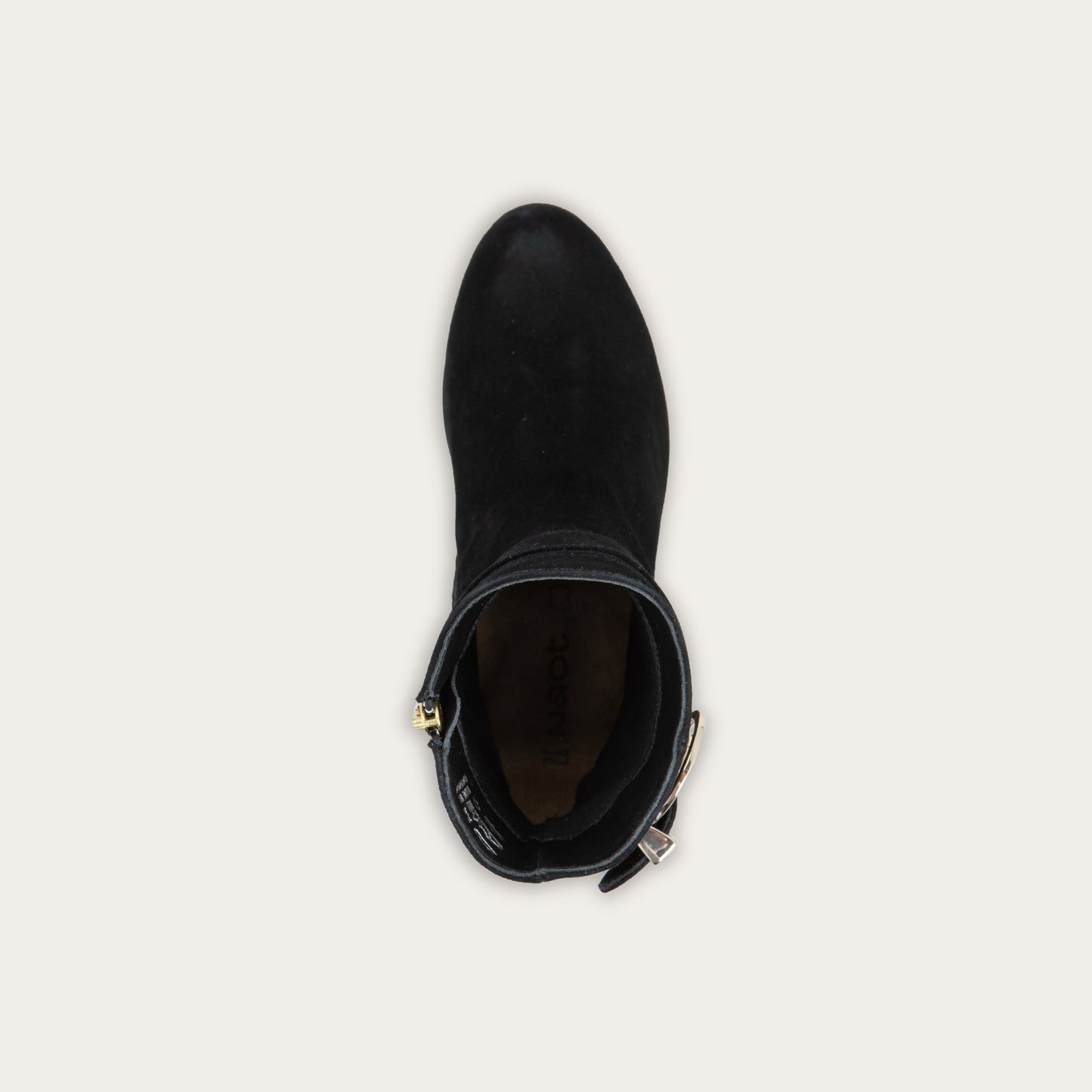 Top view of a black suede ankle boot featuring a low block heel and a decorative gold-toned buckle strap around the ankle.