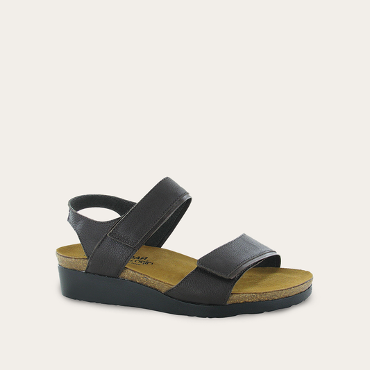 A dark brown leather sandal with two adjustable straps and a cork platform sole.
