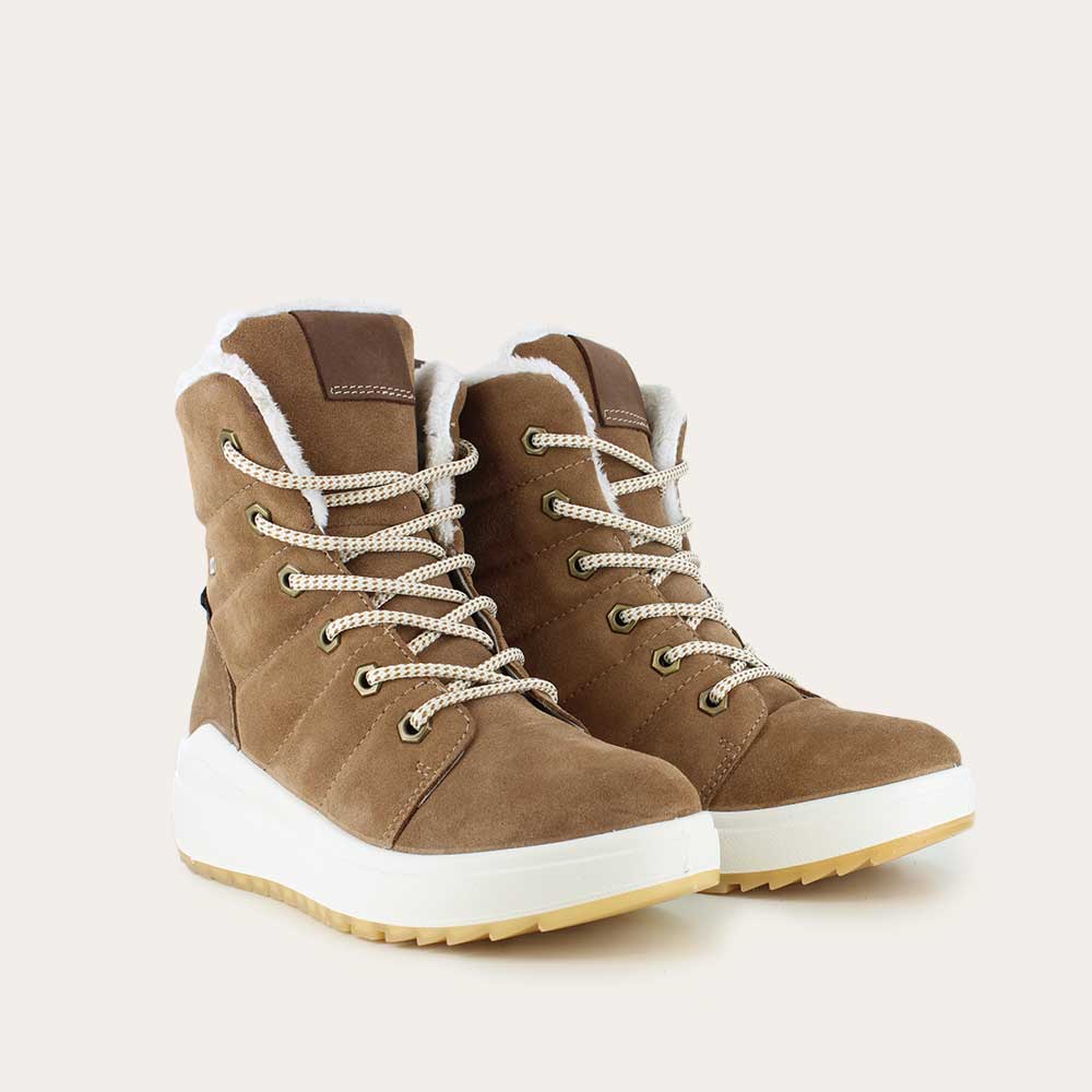 Brown lace up winter boot with white accents and sole